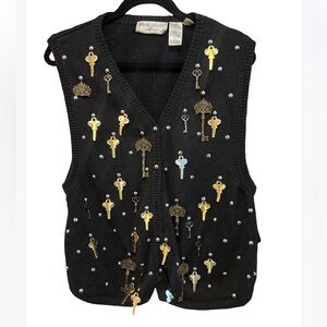 Bonnie Boerer Keys black vintage 1988 ramie cotton l vest gold keys size large